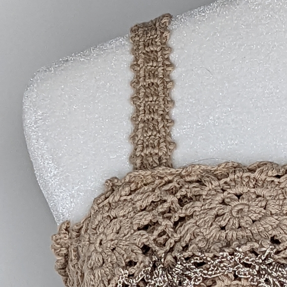 Boston Proper EUC crochet cold shoulder ruffles dress metallic small taupe brown - Picture 6 of 16